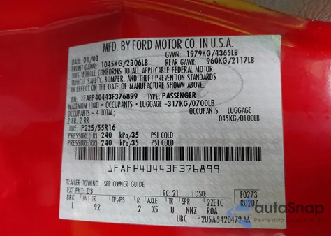 2003 Ford Mustang из США, поврежденный, VIN 1FAFP40443F376899